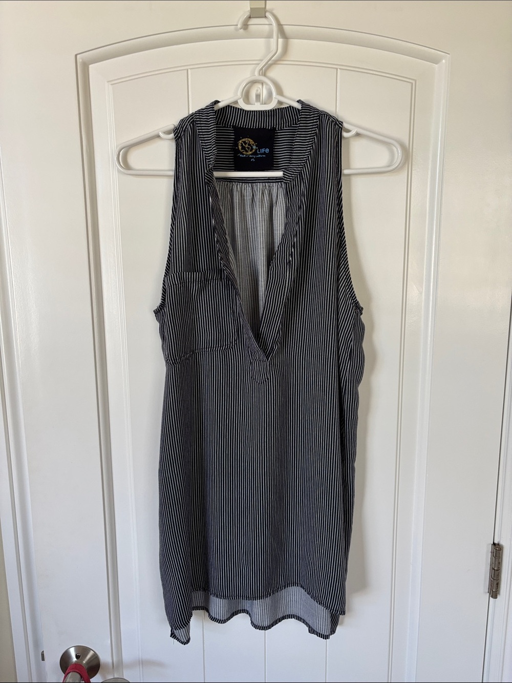 Blue Life Black & White Pinstripe Sleeveless V-Neck Mini Dress